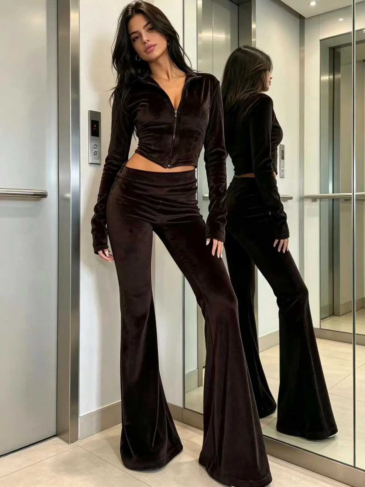 Women's 2‑Piece Casual Outfit Set, Full‑Zip Cropped Long Sleeve Top and High Waist Flare Pants, Soft Velvet Tracksuit Loungewear Set for Daily Streetwear