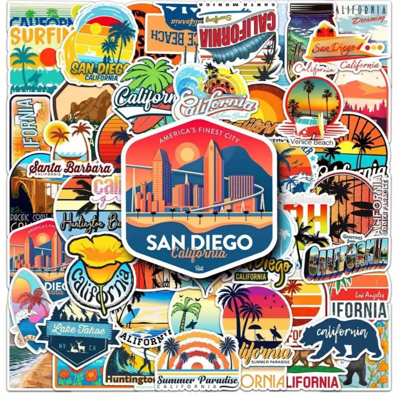 50 Pack of California Themed Stickers. Travel, Beach, Adventure. Waterproof. No Duplicates
