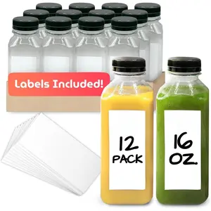Plastic Juice Bottles [12 Pack] [16 oz] Square 16 oz Plastic Bottles with Caps & Sticker Labels| Clear, Empty for Drinks 16oz| Disposable, Reusable Containers for Juicing, Smoothies