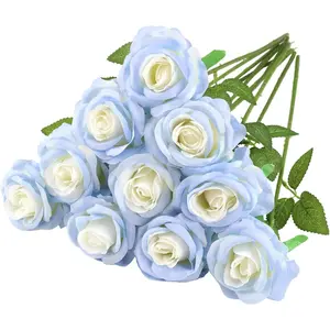 12pc Artificial Silk Icy Blue Rose Flower Bouquet Lifelike Fake Rose for Wedding Home Party Decoration Event Gift 10pcs (Gradient Light Blue)