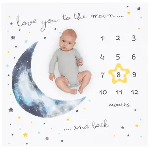 Organic Baby Monthly Milestone Blanket Moon and Stars - Love You To The Moon and Back Milestone Blanket with Months Marker for Baby Boy - 47”x47”