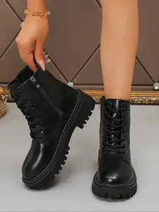 Ladies' fashionable ankle boots, side zipper design, lace up combat boots suitable for walking and work, fashionable platform short boots, comfortable shoes for daily wear