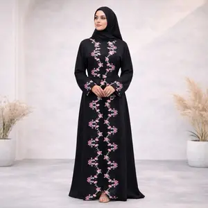 Dubai Abaya Two Pieces Set with Elegant Floral Embroidery and Lace Details for Women