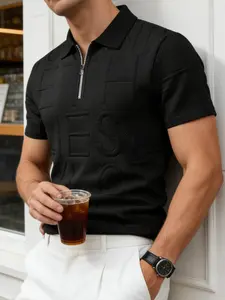 Men's Summer Textured Lapel Half-Zip Polo Shirt, Casual Style for Daily Commute, Travel, Vacation, Urban Mature Look, British Gentleman Style