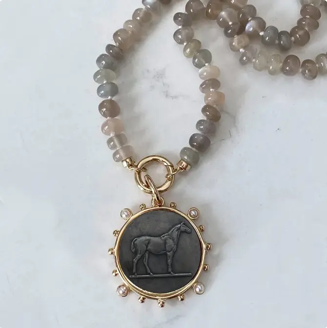 Antique-look Beaded Coin Necklace with Horse Motif • Equestrian Style Beaded Choker
