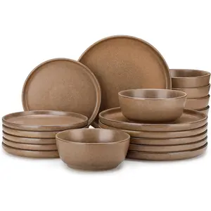 Plates and Bowls Sets, 18 count Stoneware Dinnerware Set for 6, Ceramic Dish Set for Kitchen, Microwave and Dishwasher Safe, Muted Brown, Series ZERMATT