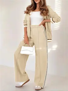 Women's Office Daily Wear Blazer & Pants Set, Solid Color Blazer with Striped Wide-Legged Pants, Casual Elegant Business for Women Suits
