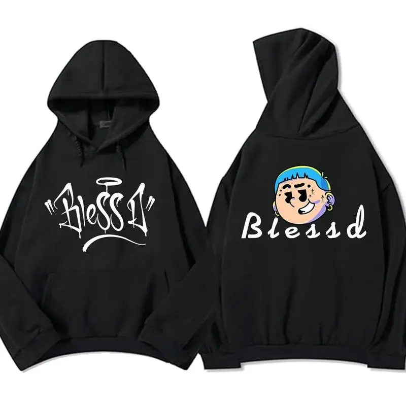 Blessd Singer Graphic Hoodies for Men - Vintage Harajuku Streetwear, Oversized Pullover Sweatshirts with Long Sleeves, Cozy Cotton Hooded Casual Wear for Winter - Unisex Classic Design