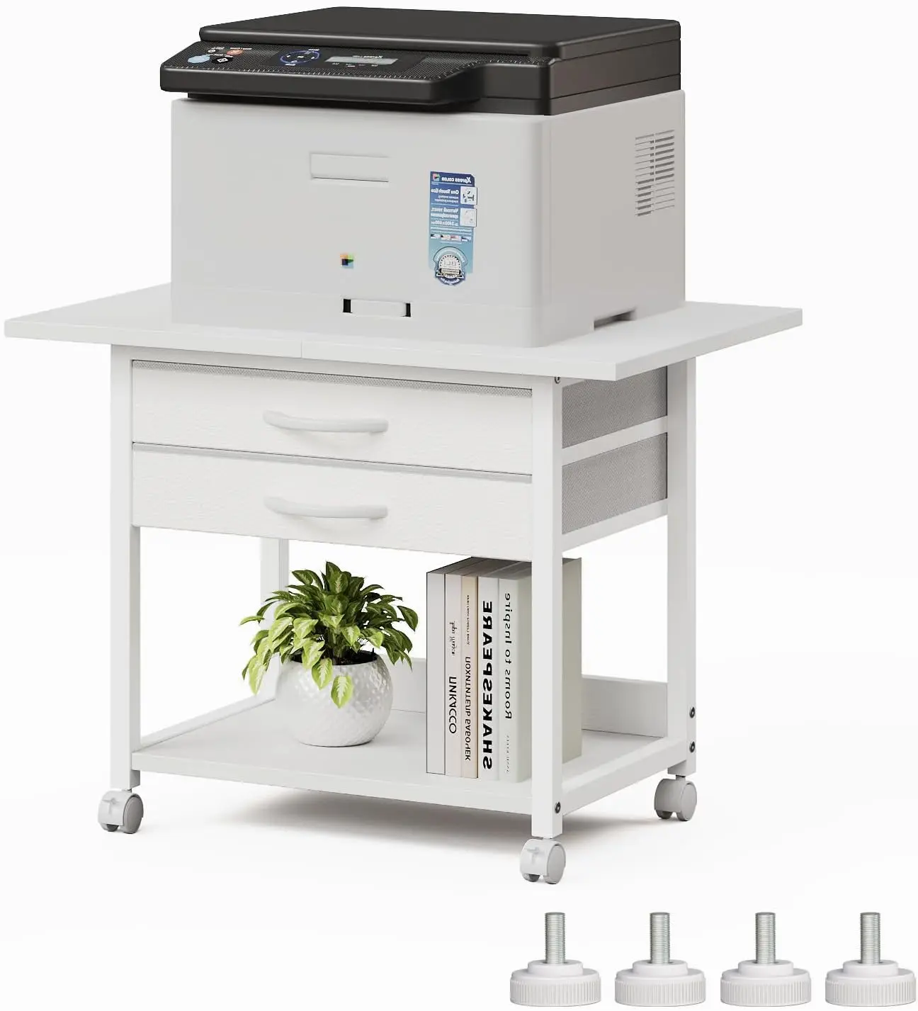 Large Printer Stand with Storage Fabric Drawer Under Desk Printer Table with Wheels for  Office, Printer Cart fit Fax Machine Scanner 23.4"x15.7" (White, 2 Tiers)