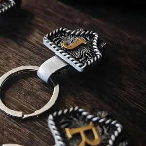 Handmade Cow Tag Belt Key Holder with Copper Initial – Custom Western Keychain, Texas-Inspired Fashion Accessory for Bags, Keys & Gifts