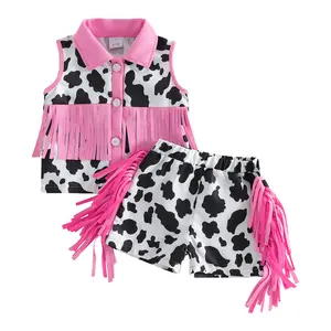 Western Baby Summer Clothes Toddler Girls Cow Print Fringe 2Pcs Set Sleeveless Collared Button Down Tank Tops and Shorts Cowgirl Outfit