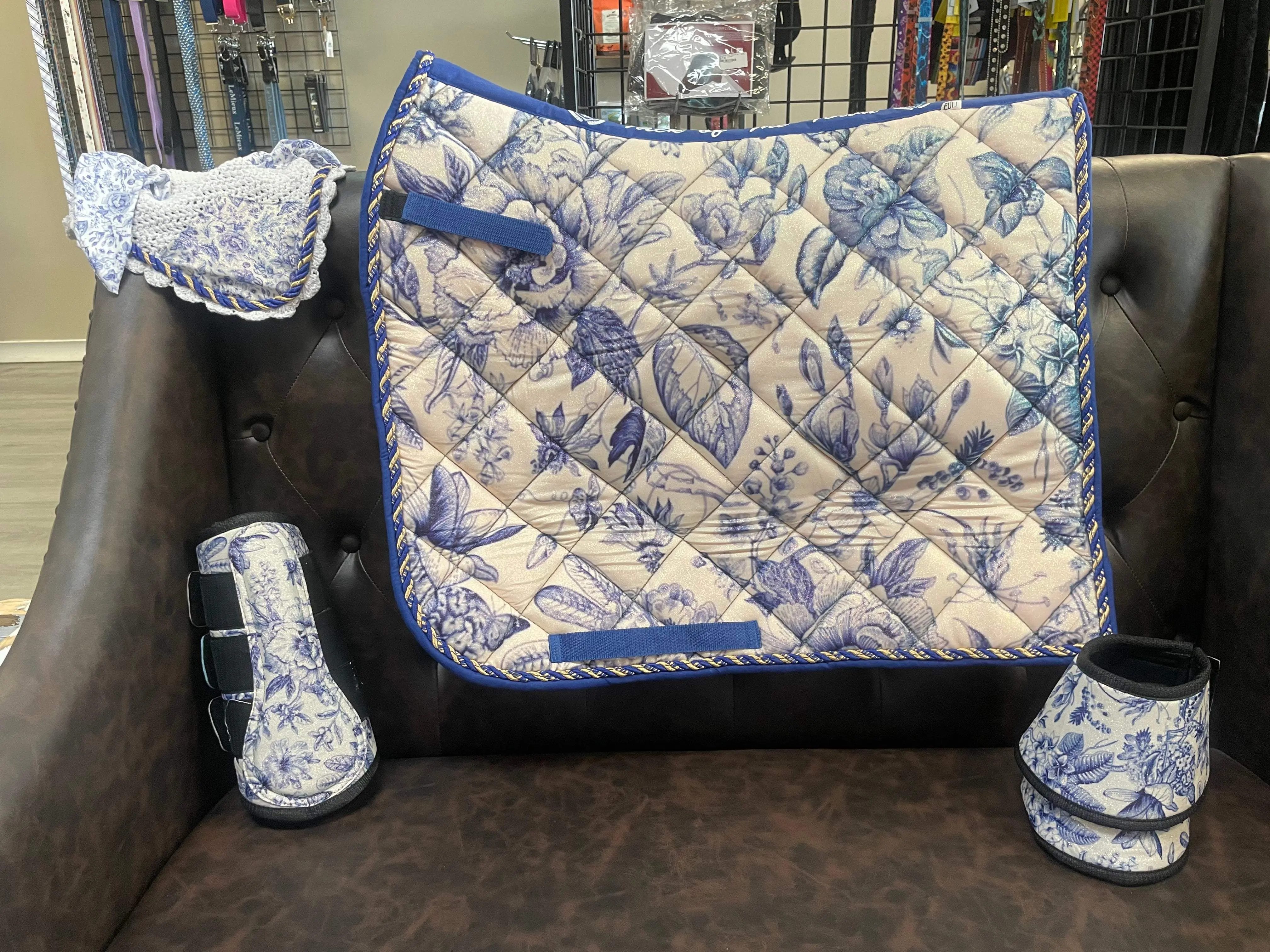 Blue Floral Glitter Saddle Pad Set