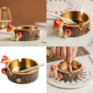Cute Mushroom Ashtray with Stainless Steel Tray for Cigarette, Natural Resin Ash Tray for Indoor or Outdoor use, Ash Holder for Home and Garden Decor