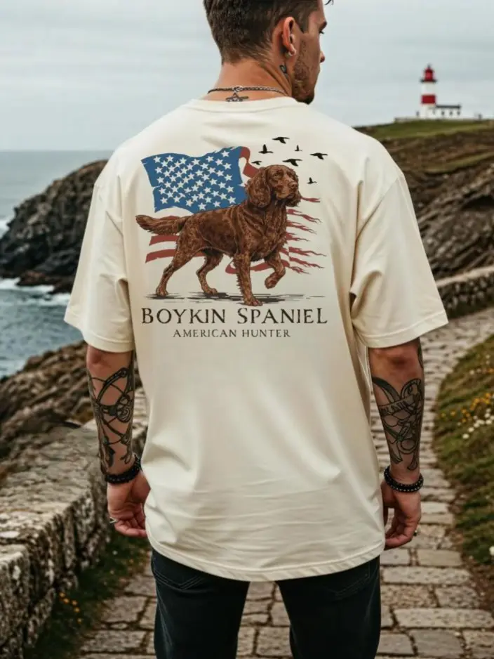 Boykin Spaniel Patriotic Hunting Dog TShirt, American Flag Dog Tee, Hunting Enthusiast Shirt, Bird Dog Graphic Apparel, Outdoor Adventure Outfit, Dog Lover Gift, Patriotic Summer Top