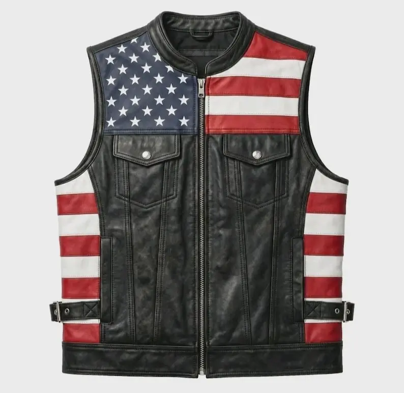 Men's Genuine Leather USA Flag Vest Motorcycle Biker Sleeveless Riding Vest