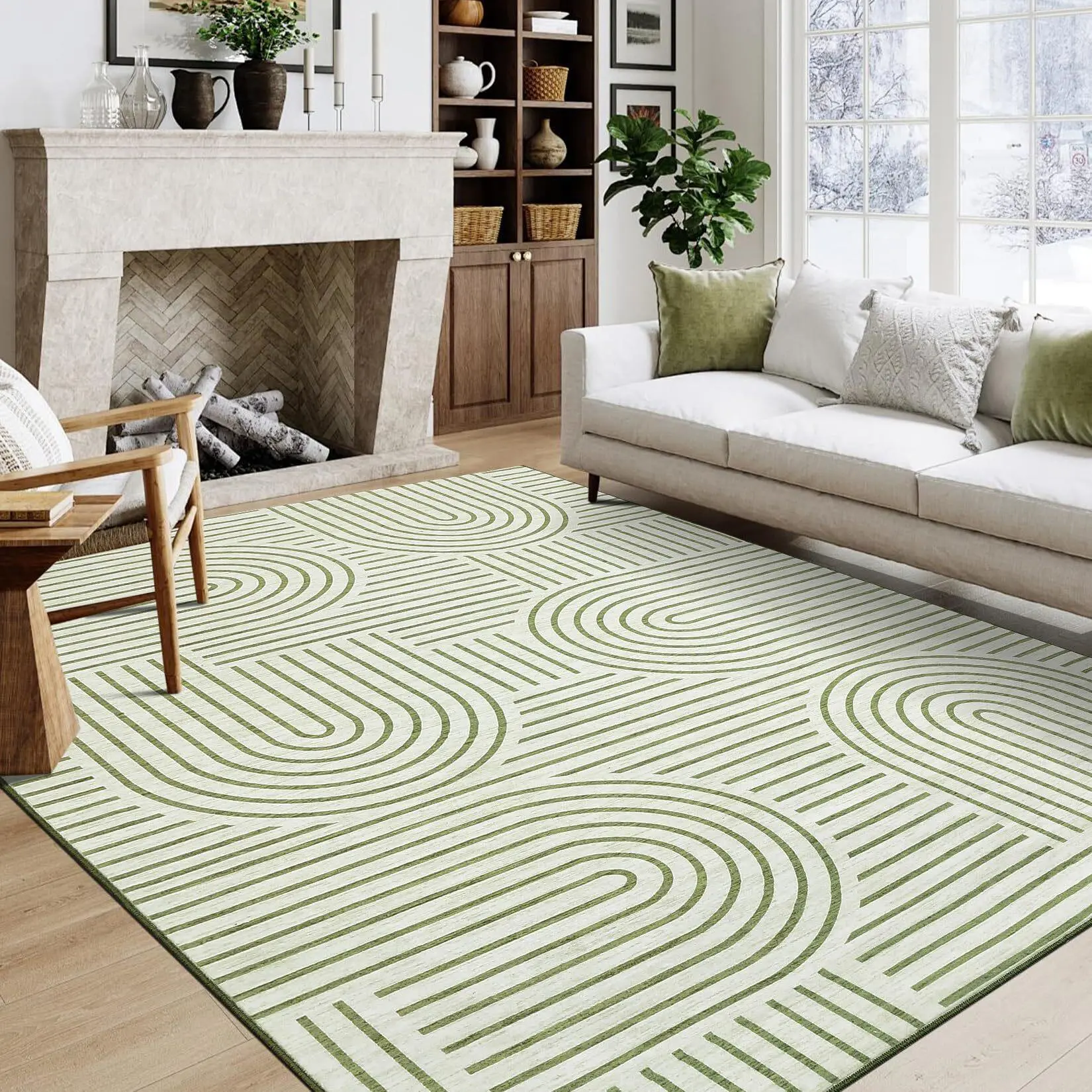 Modern Rainbow Striped Area Rug 5x7 Washable Living Room Rugs Stain Resistant Non-Slip Backing Ultra-Thin Non Shedding,for Bedroom Playroom,Green
