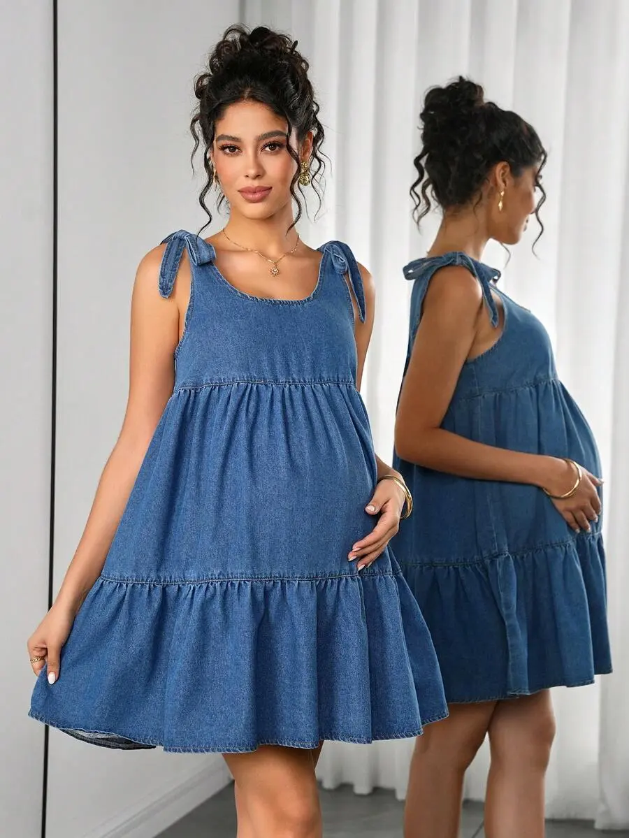 SAMT Maternity Denim Jumpsuit Dress Light Blue Autumn Casual Baby Shower Fashionable Comfortable Jean Pregnancy Photoshoot Outfit for Women