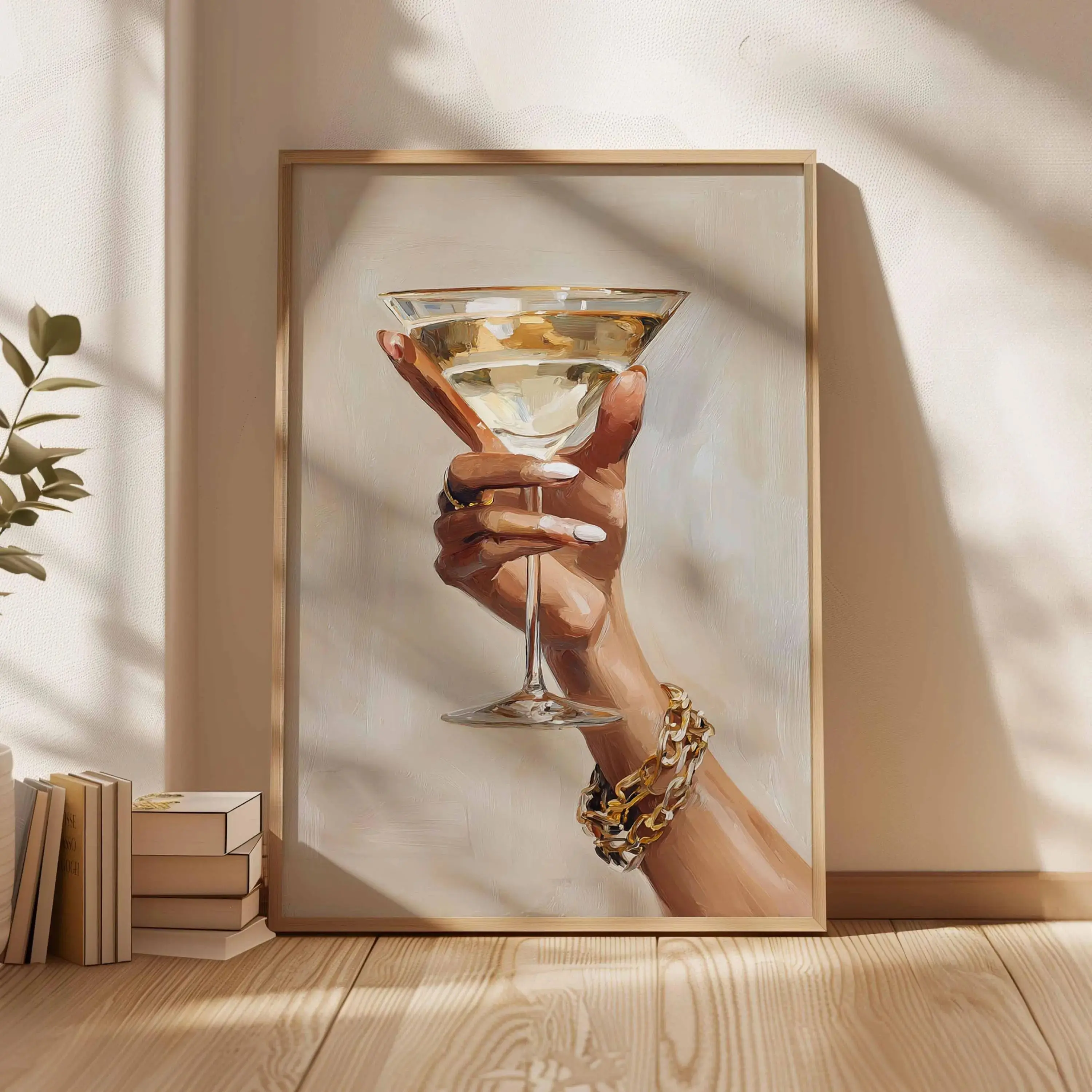 Chic Martini Glass Poster – Glam Wall Art with Hand Holding Cocktail, Fashion Bar Decor, Modern Champagne Print for Kitchen or Lounge