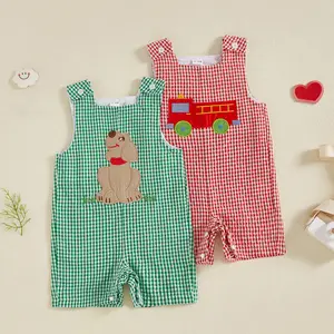 Toddler Baby Plaid Overalls Romper Truck/Dog Embroidered Square Neck Sleeveless Bodysuit Cute Summer Clothes