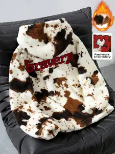 Unisex Fall Winter Fleece Hoodie, Cow Print Plush Jacket, Bravery Patch Embroidery Vintage Casual Top, Soft Comfortable Fabric