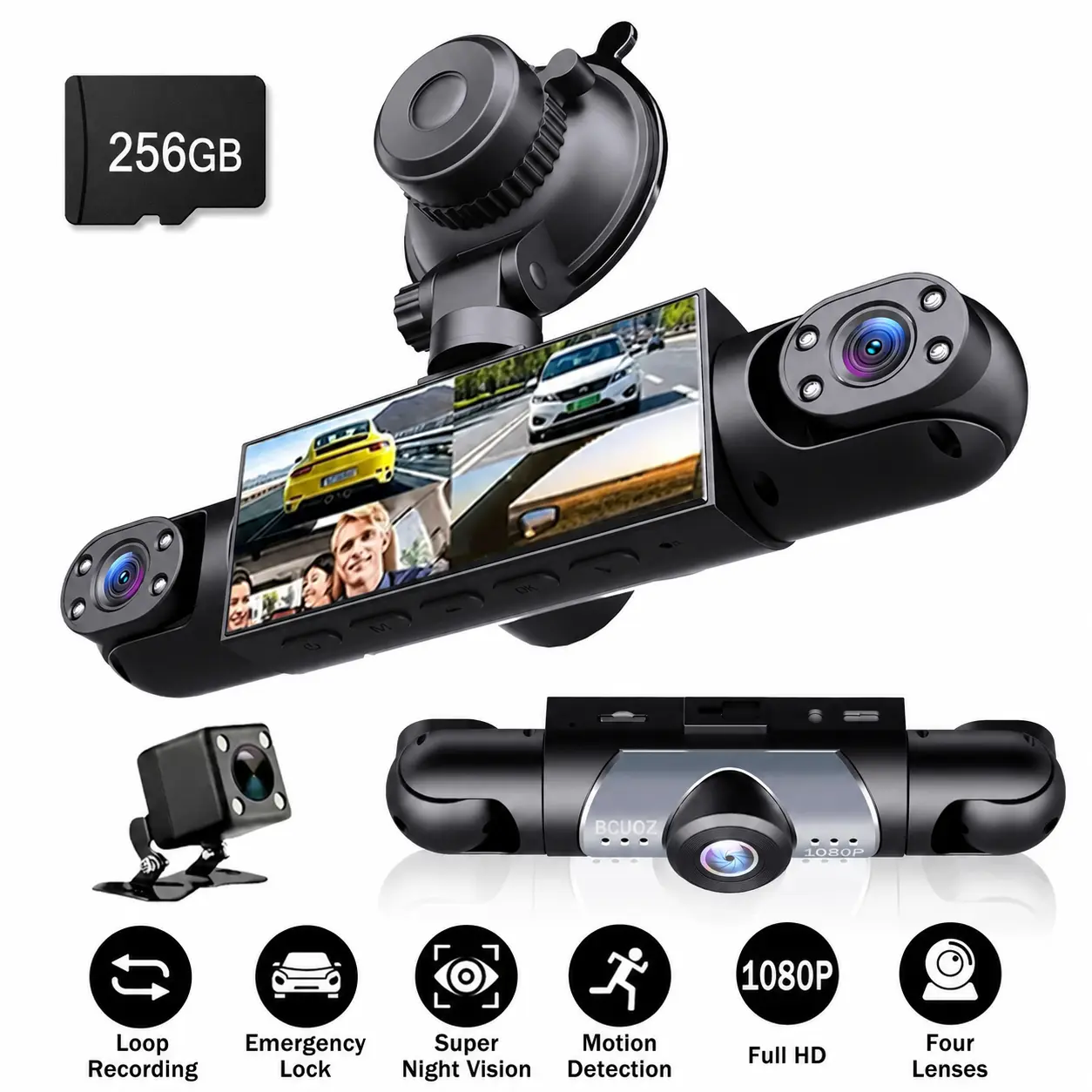 4-Channel Car Dash Cam with 256GB Card, Front Rear Left Right Camera System, 170° Wide Angle, Night Vision, Motion Detection & G-Sensor