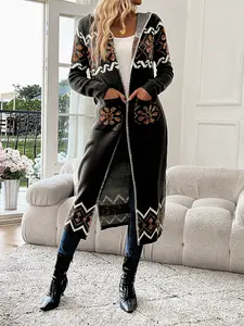 Open knit hooded cardigan, vintage mid-length slit sweater with pockets, women's Fabric Long Sleeve Knit cardigan sweater