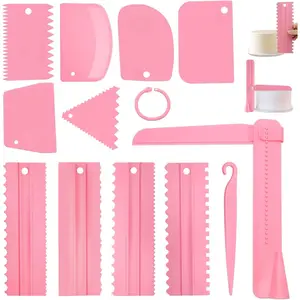 12 Pcs Adjustable Cake Smoother Set, Plastic Cake Decorating Tools Comb and Dough Scrapers for Baking Pastries (Pink)