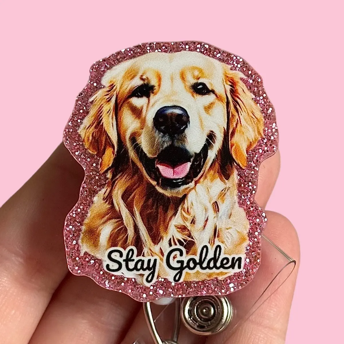 Glitter My Badge Stay golden retriever badge reel for nurse and hospital workers. Badge clip Badge pull - Retractable swivel clip with a 360 rotation. Great gift for coworker.