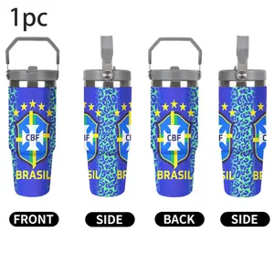 1pc 30oz Insulated Leakproof Tumbler with Straw & Handle, Insulated Travel Drinkware, Brazil CBF Leopard Edition, Stainless Steel Travel Mug with Iconic CBF Crest & Brazil Leopard Print Design, Perfect Gift for Soccer Fans, Brazil Supporters