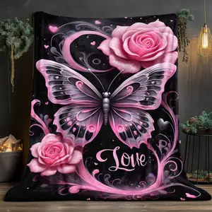 1 piece of high-definition printed blanket, butterfly and rose pattern. This comfortable and warm flannel blanket is perfect for travel, camping, or use on the sofa, in the living room, or on armchairs