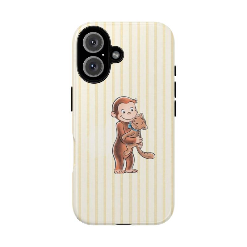 Curious Georgee Tough Phone Case, Cute Yellow Gingham Cartoon Protective Cover for iPhone and Samsung, gift
