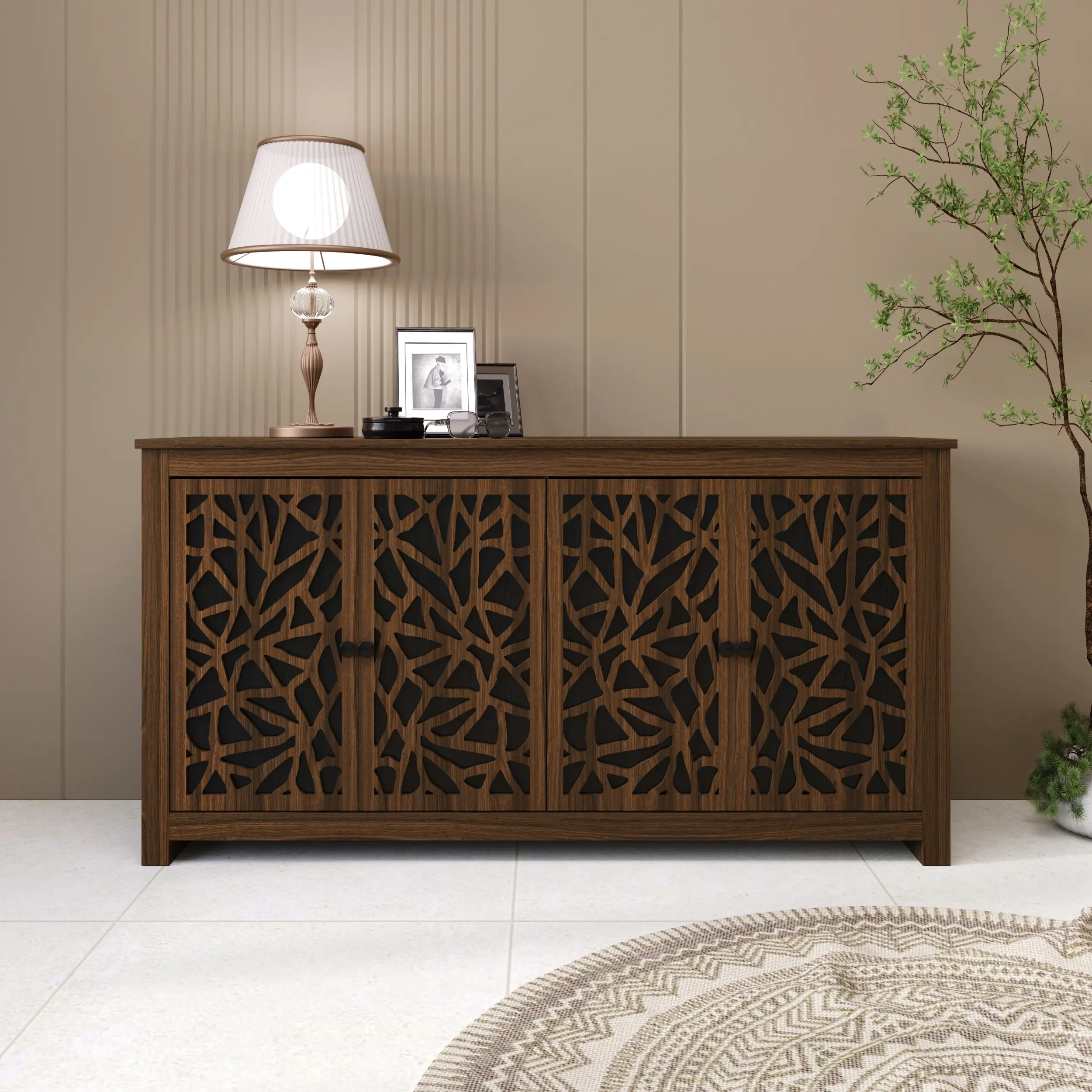 Eufaula 4-Door Modern Wood Sideboard, Transitional Indoor Cabinet with Concealed Storage, Engineered MDF Construction, Single Unit, Requires Assembly
