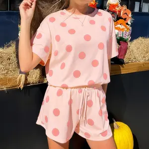 Polka Dot Print Loose Tee Drawstring Elastic Waist Short Set