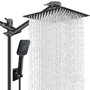 Shower head, featuring a 11-inch adjustable telescopic arm and 3 adjustable modes for a handheld shower head combination, powerful shower spray - Soft Light Black, 8 inches