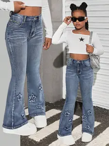 New Summer Bell Bottom Embroidered Jeans Pants for Teen Girls, Comfortable Stretch Fabric, No Restriction, Unique Embroidery Design, Trendy Style