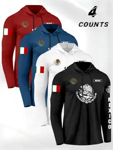 Men's Spring Summer Fall Casual 4-Piece T-Shirt Set, Mexican Street Style, Flag Emblem Letter Print Design, Hooded Long Sleeve