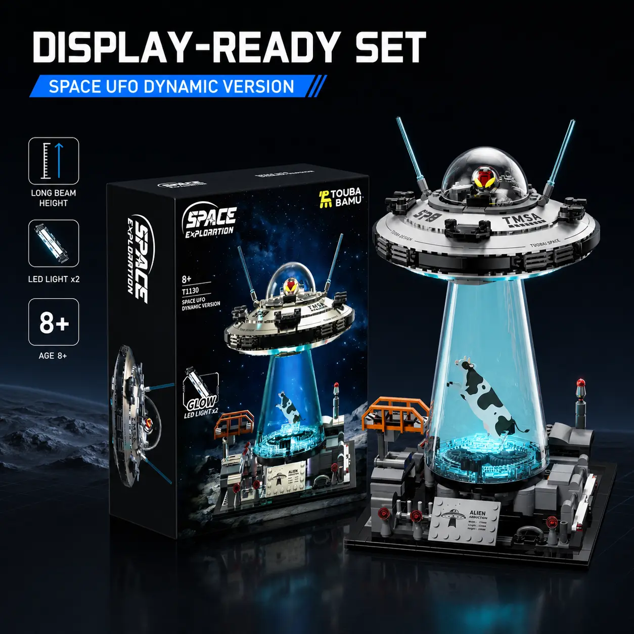 Motorized 360° Rotating UFO Building Blocks Kit with LED Light, DIY Space Craft Model Set, Alien Abduction Scene Assembly Toy for Kids & Adults, Sci-Fi Desktop Decoration