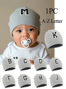 Gray Baby Letter Beanie | A-Z Initial Knit Hat | Soft Cotton Newborn Cap for Boys & Girls | Cozy Photo Prop & Daily Wear | Infant Gift