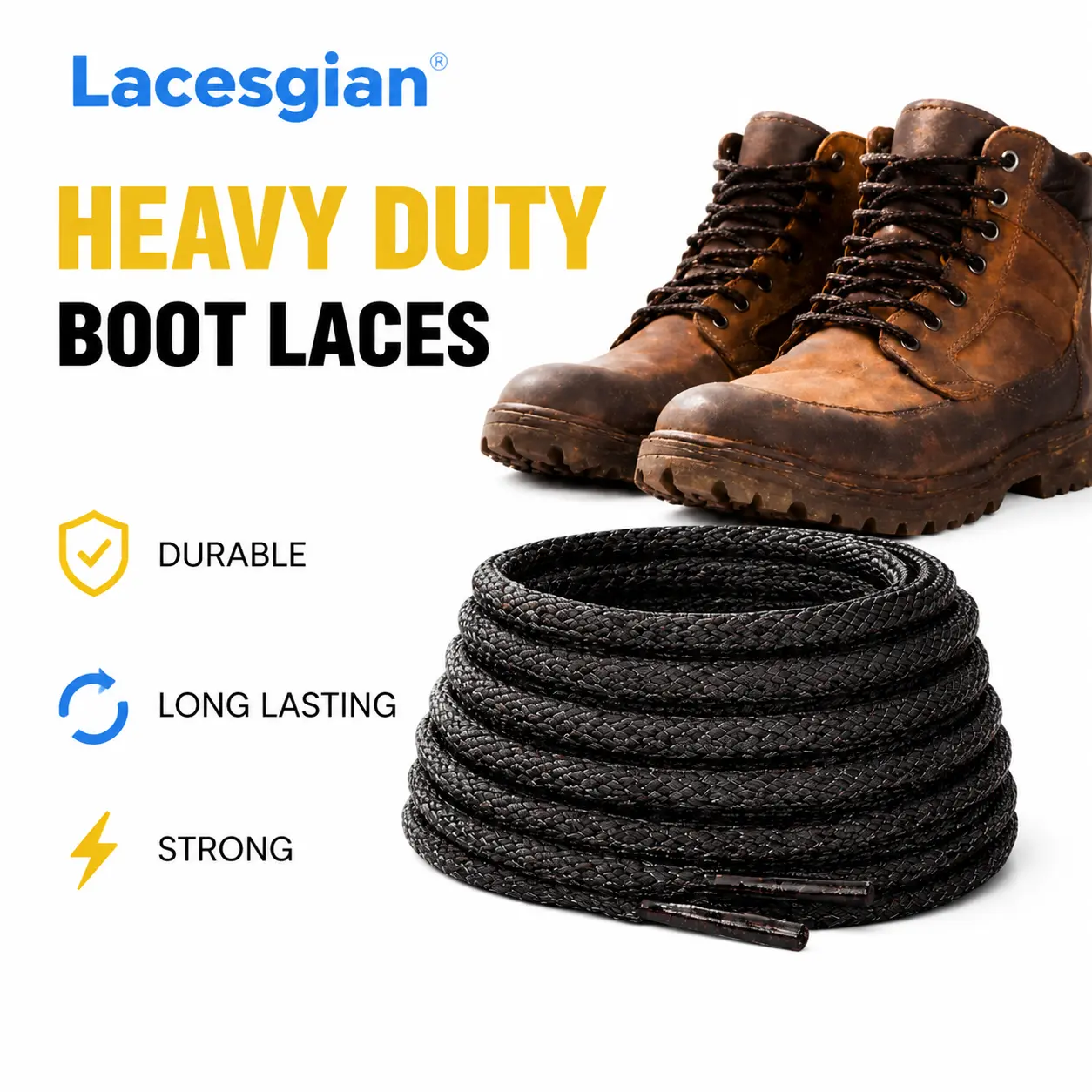 Heavy Duty Boot Laces – Ultra Durable Round Shoe Laces for Work Boots, Waterproof & Heat Resistant, Tactical Outdoor Use