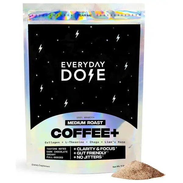 Everyday Dose Bold Medium Roast Mushroom Coffee Beverage - 90mg Caffeine per Serving, Grass-Fed Collagen, Chaga, Lion’s Mane, L-Theanine - 30 Servings for Focus, Energy, Digestion, Skin, Immunity Support