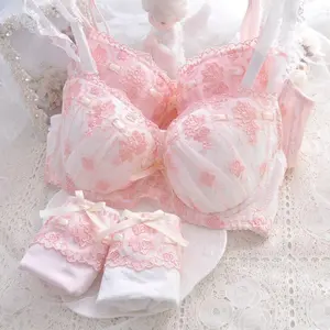 Japanese Embroidery White & Pink Bra Set for Slim Girls — Cute Student Lingerie, Basic Minimalist Floral Design, Comfortable Non-Pilling Bra & Panties Set