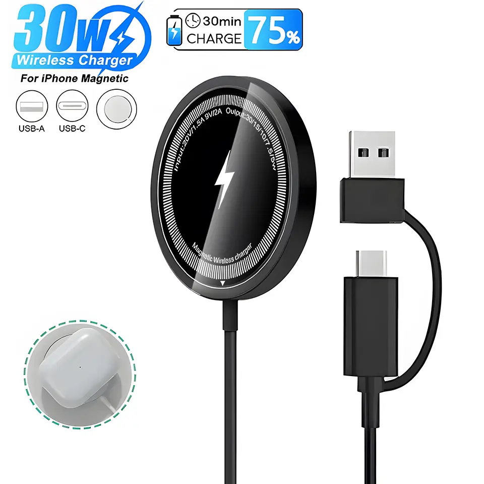 2 in 1 30W Magnetic Wireless Charger Compatible With IPhone 16 15 14 13 12 Pro Max Mini Plus Type C USB Fast Charging Phone PD Fast Charger Cable Accessoriesfor Pixel ,Samsung And More,Various Electronic Products Supporting Wireless Charging