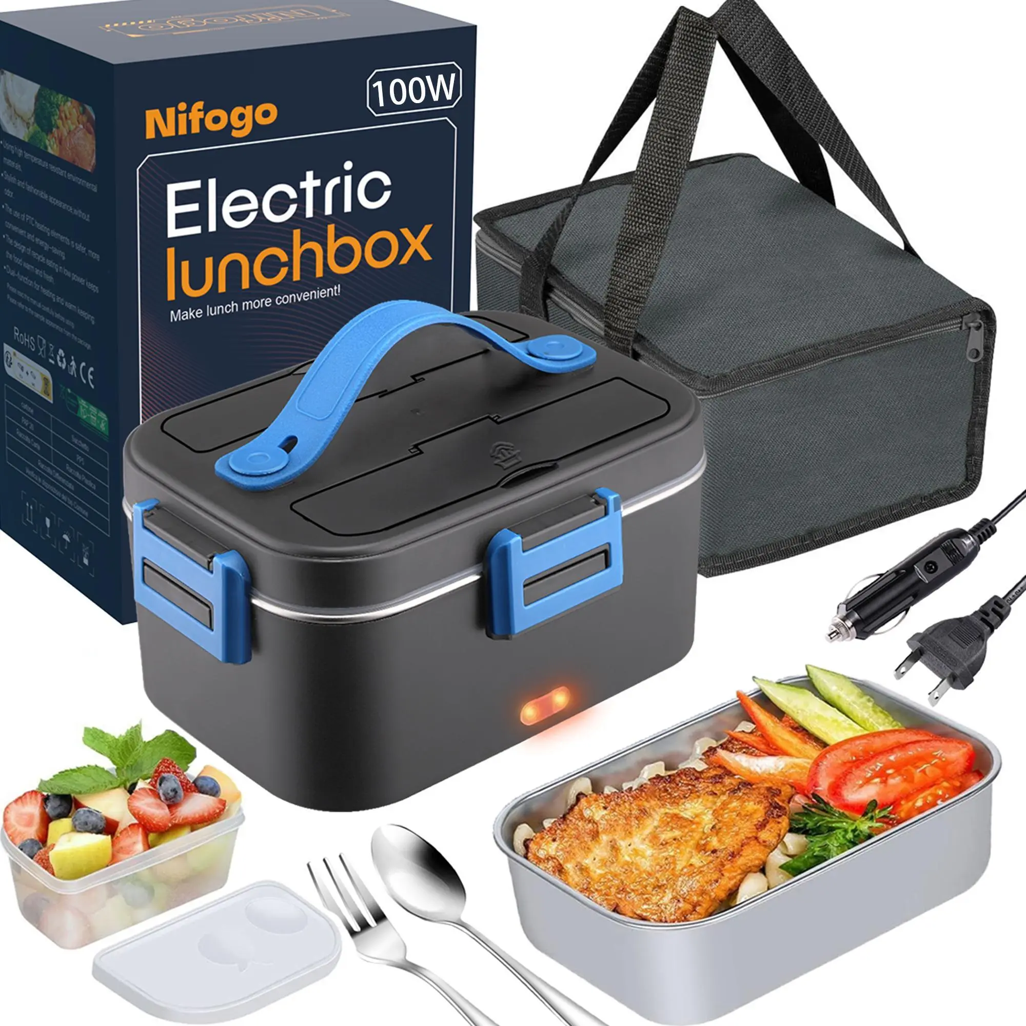 Nifogo Heated Lunch Box - 1.5/1.8L Portable Electric Food Warmer, 110V/12V/24V for Car & Home, Leak-Proof with Tableware & Carry Bag, Lunch Boxes