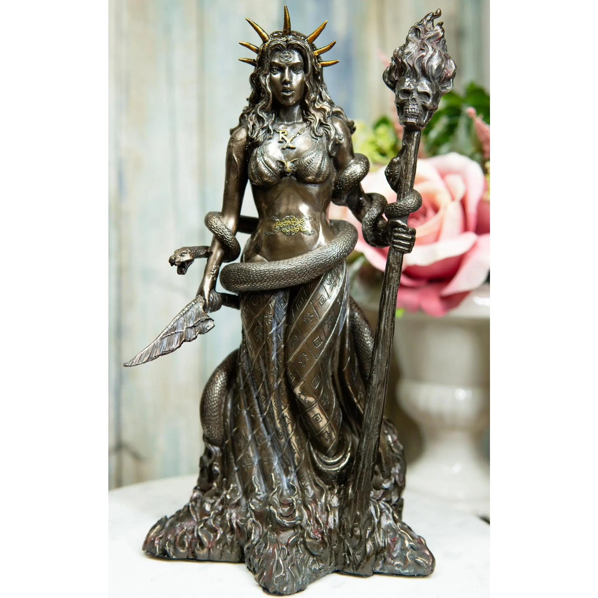 Ebros Greek Goddess Underworld Hecate Holding Fire Skull Staff Statue Figurine