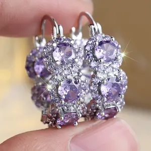 Unique Purple Earrings Artificial Zirconia Decor Clip Earrings for Women & Girls Elegant Stackable Hoop Earrings for Daily Date Wear, Birthday Anniversary Valentine's Day gift