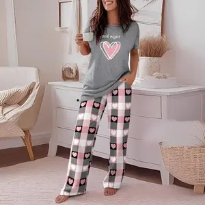 Two Piece Ladies Outfits Floral Print Round Neck Short Sleeve Tops Gradient Print loose Pants Set Casual Clothing