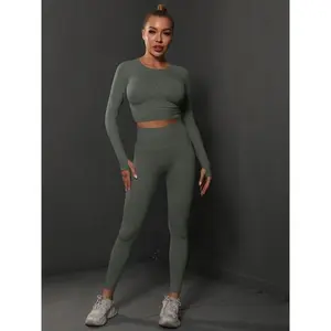 Women's Solid Long Sleeve Crop Top & High Waist Leggings Tracksuit Set, Casual Comfy Breathable Outfits for Yoga Gym Workout Running, Ladies Sportswear for All Seasons
