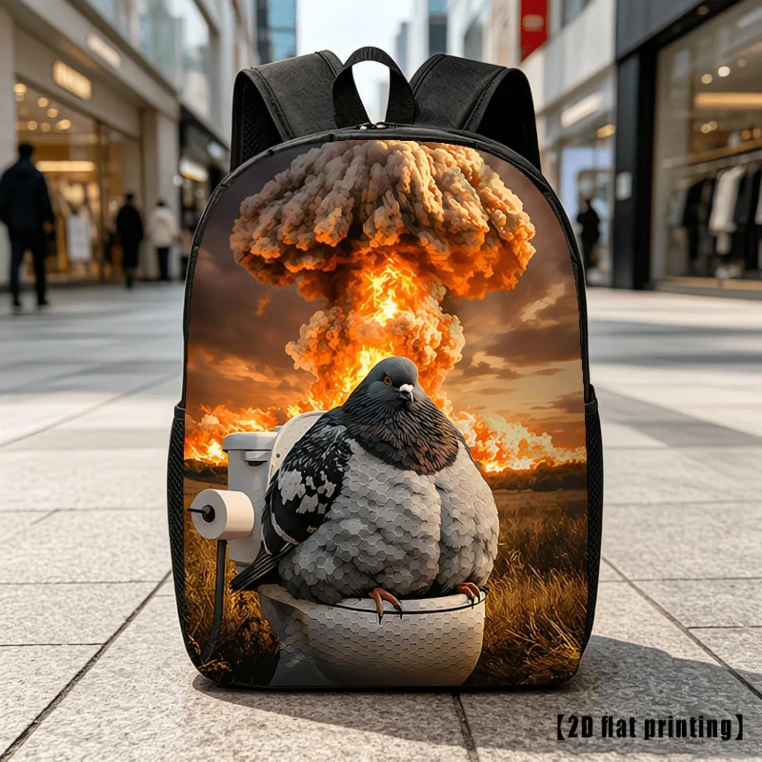 Printed Design – Not Textured 2D Flat Printing: Pigeon on Toilet with Explosion Behind, Casual Backpack, Travel Laptop Backpack, 2D Flat Printing, Rucksack with Ample Capacity—Suitable for Travel, Daily Use, and Commuting, 2D Flat
