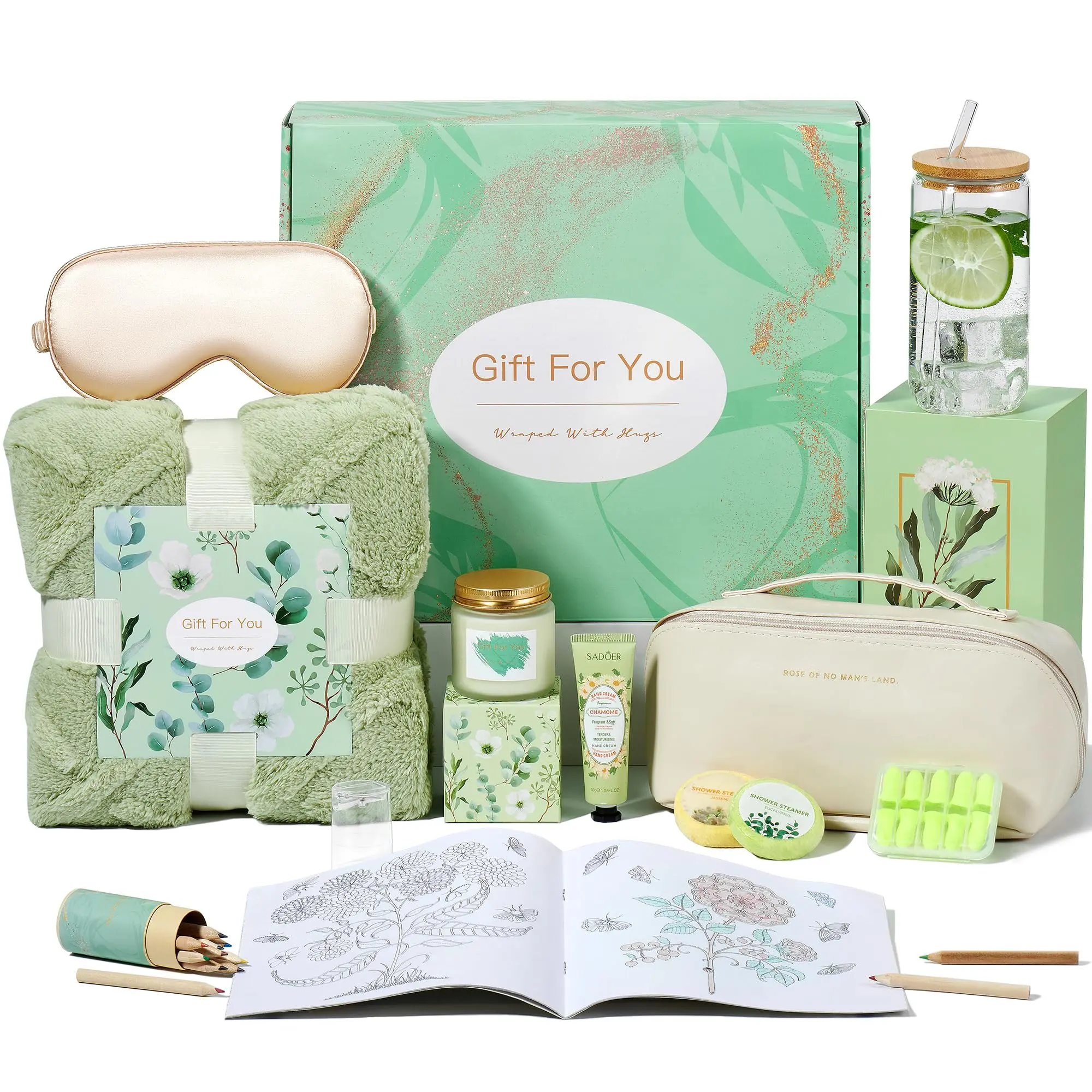 Get Well Gifts for Women,Self Care Gifts for Women,11 Pcs Relaxing Spa Gifts Care Package Gift Baskets with Green Blanket-Birthday, for Women Mom Sister Friends Wife Girlfriend