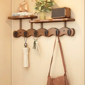 Modern Simple Coat Rack with Multiple Hooks, Round Iron Hooks, Bamboo Material, Wall-Mounted, Multi-Functional Clothes Hanger, Wall Mounted Shelf, Wall Mounted Organizer, Decor